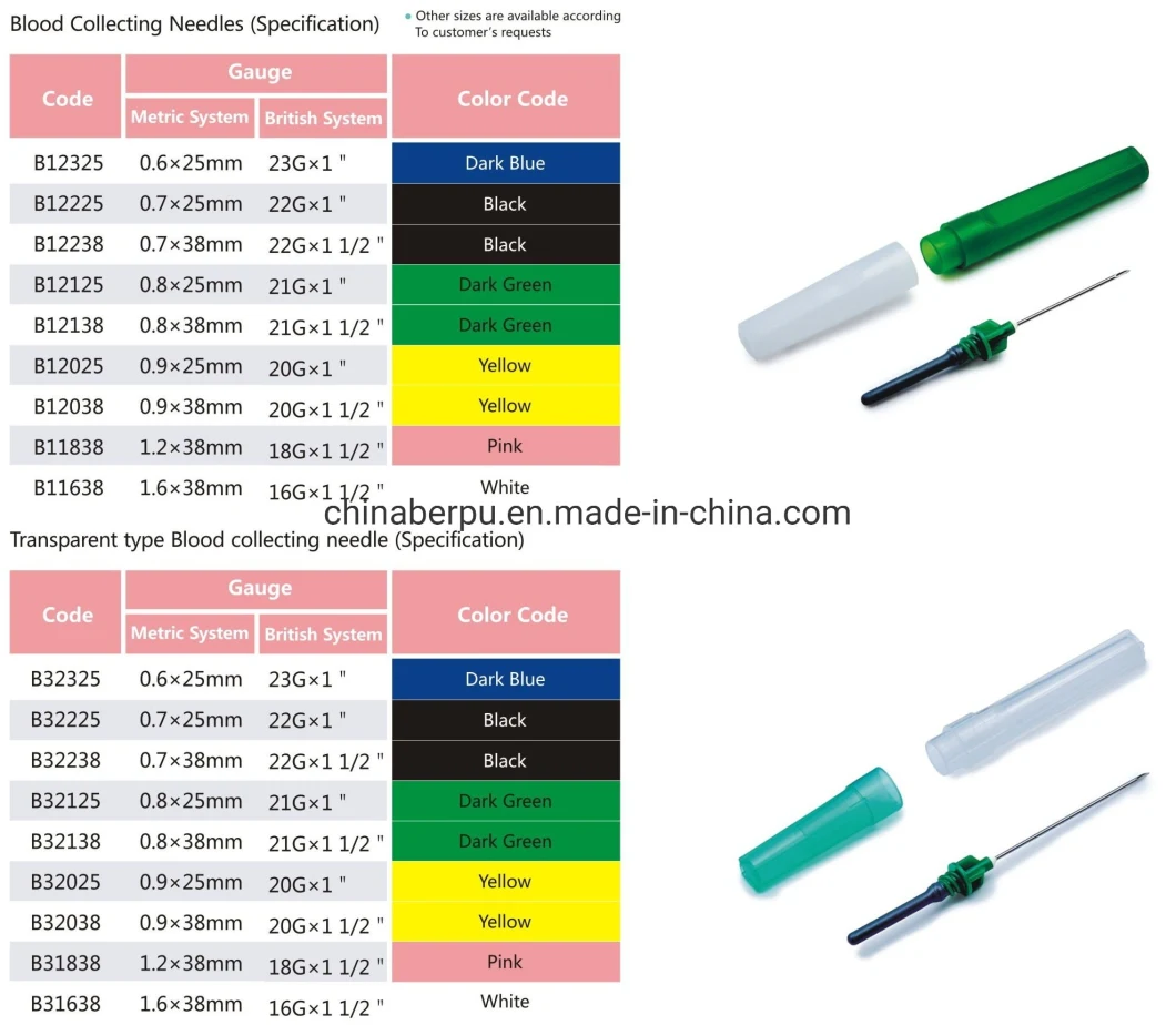 Berpu Medical Disposable Pen Type Eo Sterile Multi-Sample Vacuum Blood Collection Needle Blood Collecting Needle with 16g-23G CE ISO FDA